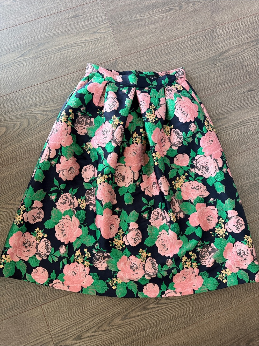 TOPSHOP Floral Midi Pleated Skirt Women's Size 8 Pink Green Navy Cottagecore